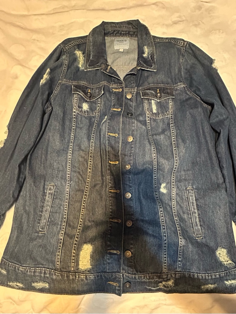 torrid Distressed Denim Jacket in Dark Blue